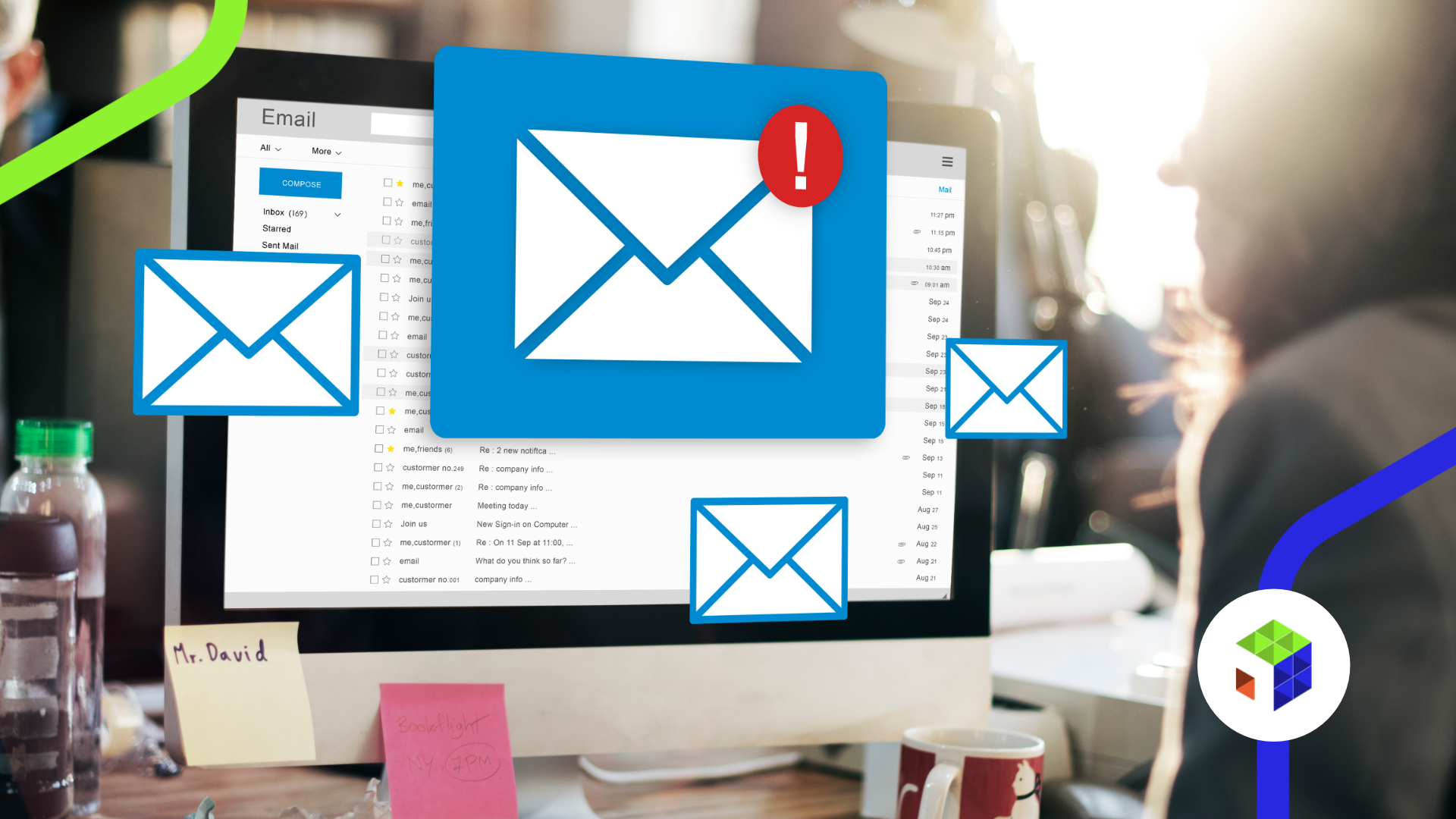 Imagem mostra ícones de e-mail em meio a telas de computador para ilustrar mailing qualificado.